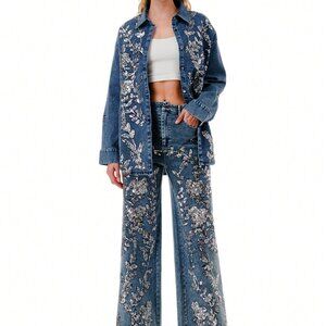 Blue Casual Women's Floral Sequin Party Denim Jacket & Jeans Vacation Set